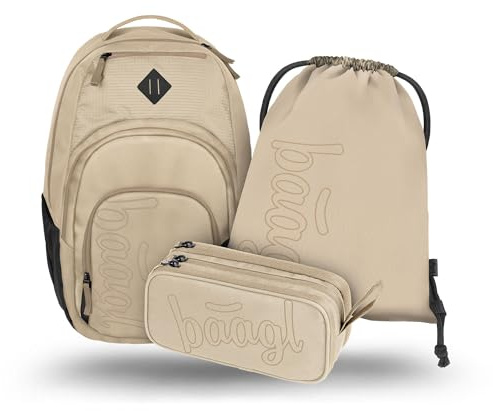Baagl Schulrucksack Set 3 Teilig Rucksack für Jungen Mädchen 35 l Beige | Ein ergonomischer Daypack und Grundschule Ranzen für Teenager bietet ein Kühlfach, Brustgurt sowie Laptopfach.