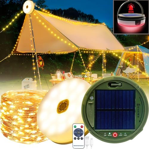TZEKING 13M 160LED Camping Lichterkette Aufrollbar,3 in 1 Solar Camping Lichterkette Außen,Tragbare Campinglampe,Wasserdichte Camping Lichterkette,Wiederaufladbar über USB,Lichterketten Außenbereich