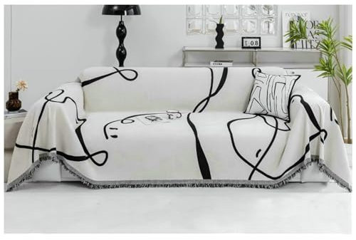 Epinki Sofabezug, 180x280CM Sofaüberwurf 2 Sitzer mit Quaste Geometrische Muster Muster, Anti-Rutsch Sofaüberwurf Katzen aus Chenille für Wohnzimmer, Schwarz