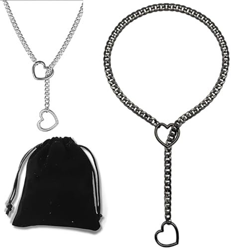 Oveallgo Love Shackles Necklace, Loveshackles - Heart Slip Chain, Heart O-Ring Slip Chain Necklace Handmade Punk Gothic Cuban Necklace (Black, Large)