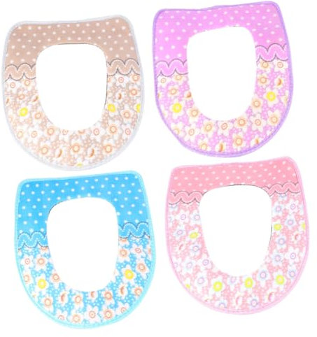 KONTONTY 4Pcs Plush Toilet Mat with Flower Pattern Cold Toilet Seat Covers Soft Closestool Mats for Bathroom Accessories Random Patterns