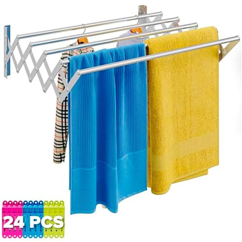 Marctani Tendedero Extensible Pared Acero Inoxidable - Tendederos Plegables Ahorra Espacio Interior o Exteriror - Tendal Plegable con 5 Barras 24 Pinzas - Tenderete de Ropa (A.INOX 160CM)