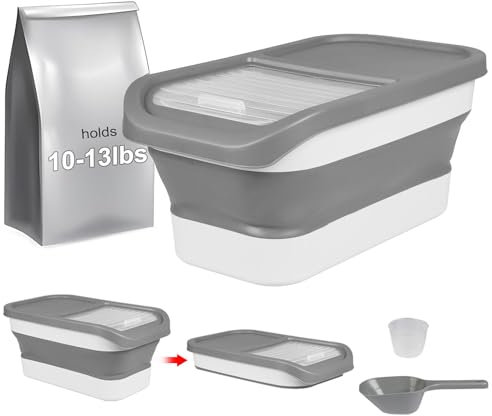 Taylor & Brown 15 Lbs Collapsible Airtight Pet Food Storage Container With Measuring Cup & Plastic Scoop Treats For Pet Dog Cat Animal Dry Food Dispenser (Grey)