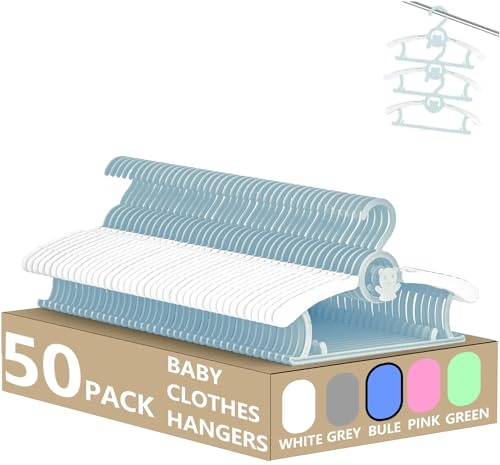 HGYZE Kid Hangers for Closet 50pcs, Blue Infant Clothes Hanger 11-14 Adjustable Plastic Baby Coat Perchas with Bear Hook, Non-Slip Children Outfit Hangars for Boy Toddler Newborn Teen Clothing