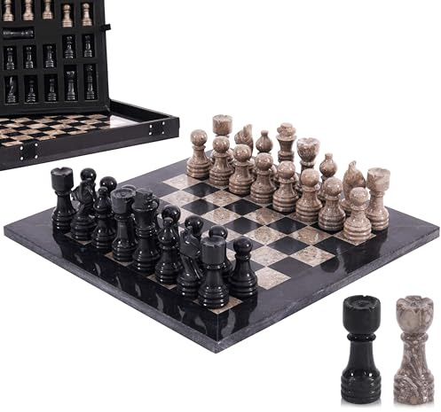 Jeu d'échecs en marbre Fait Main, Negro y oceánico de 30 cm avec boîte, pièces et 2 Dames. Élégant Jeu de Voyage pour Adultes, idéal comme Cadeau ou décoration d'intérieur