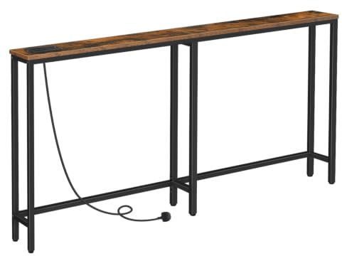HOOBRO Narrow Console Table with Charging Station, 160 cm Behind Sofa Couch Table, Long Hallway Table, Slim Console Table for Hallway, Entryway, Living Room, Rustic Brown and Black EBF165KXG01