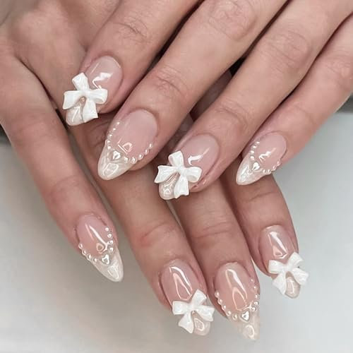 ASOMI 24 Stück kurze künstliche Nägel Mit Kleber, Nude-Pink, falsche Nägel, süßes Schleifen-Nagel-Charm-Design, Acrylnägel, französische Perlen, Aufdrück-Nägel