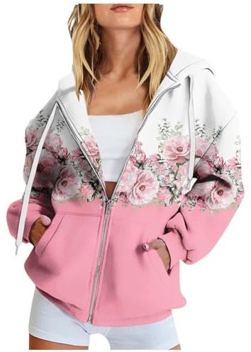 Damen-Pullover, Kapuzenpullover, lässiger Pullover, Herbstmode, Damen-Sweatshirt, langärmelig, Blumendruck, Sweatshirt, langärmelig, Taschenjacke, Reißverschluss, Kapuzenpullover, Mantel, großer