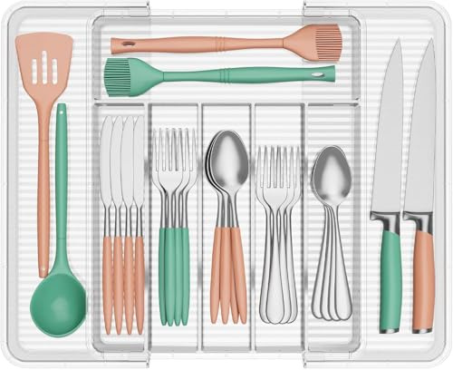 Acezozla Organizzatore per Posate da Cassetto, Vassoio Espandibile Trasparente 51,3 cm, 6-8 Scomparti, Portaposate Regolabile per Cucina (Trasparente)