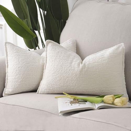 Madizz 2er Set Chenille Samt Kissenbezüge mit Rand Dekorativ Weiche neutrale Wurfkissen für Sofa Boho Akzent Zierkissenbezüge für Schlafzimmer Wohnzimmer Weiß 40x60 cm