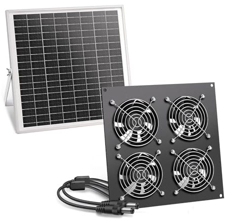 ZINIKIF Solar Ventilator, 15W Solarpanel, mit vier IP67 Wasserdichten Ventilatoren, geeignet für kleine Hühnerhütten, Gewächshäuser, Schuppen, Haustierhäuser, Lufteingang oder Abgasse ﻿