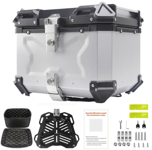 Hapihom Motorcycle Top Case, 45L Aluminium Alloy Motorcycle Top Box, Waterproof Dustproof Anti-Theft Scooter Luggage Storage Tour Tail Box for Storage Helmet, Trunk with Lock & Baseplate-Silvers