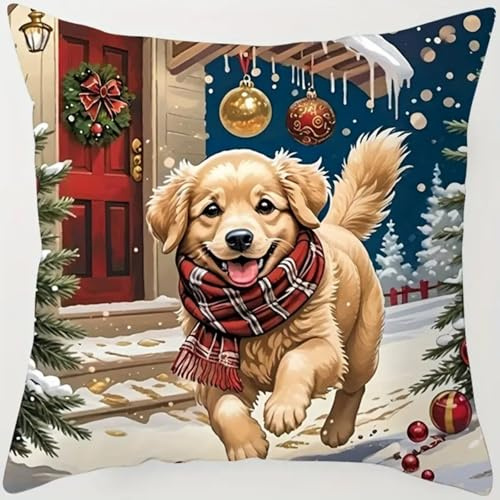 ANSIWEIGO Weihnachten Knüpfkissen Set für Erwachsene & Kinder,Hund Einfaches Latch Hook Kissen Kit zum Selbermachen,Geschenk für Bastelfreunde,43x43 cm