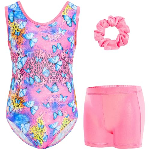 Gogokids Ärmlös gymnastiktröja set för flickor, tre delar med shorts och hårgummi, barngymnastik, outfits med cutouts och korsad design, glitter, balett-onepiece för ålder 3–12, Rosa fjäril, 140(130