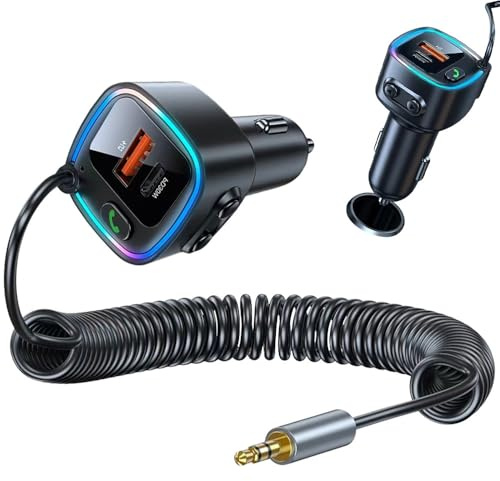 Bluetooth Adapter Auto Aux 5.4 FM, Transmitter Auto Bluetooth, USB C Adapters Autos Zigarettenanzünder mit Spiralkabel Klinke 3.5mm, AutoLadegerät 42W (PD 30W&QC 12W)