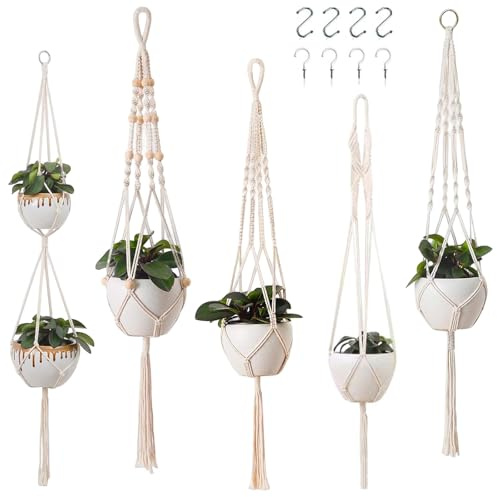 Makramee Blumenampel, 5 Stück Boho Deko Makramee Hängeampel mit Haken, Baumwollseil Hängepflanzen, Boho Zimmer Deko Aesthetic Hängeampel, Blumentopf Hängend für Innen Außen Decken Balkone Wand Deko