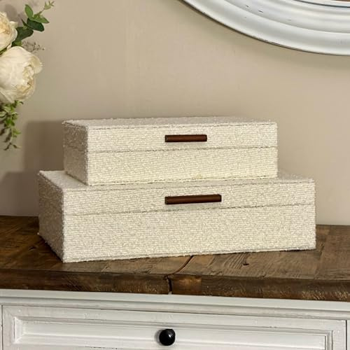 HISTOIRE D’ECHOS PARIS Set of 2 Ivory Bouclé Fabric Decorative Boxes with Wooden Handles, Modern Jewelry Boxes, Storage Boxes, Keepsake Boxes, Photo Memory Organizer, 14.2x8.6x3.5in