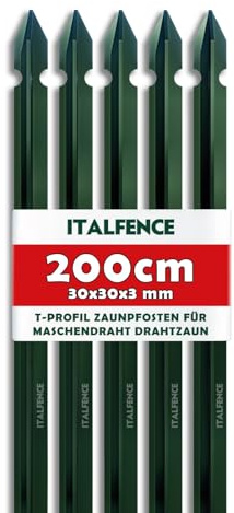 Piquet T H200cm 30x30x3mm pour clôture en Fer plastifié Vert [5 pièces]