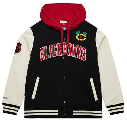 Mitchell & Ness Courtside Fleece NHL Vintage collegejacka med huva, färgkontrasterande ärmar, tryckknappslås, män, kvinnor, barn, unisex, vår, sommar, höst, vinter, chicago blackhawks, M