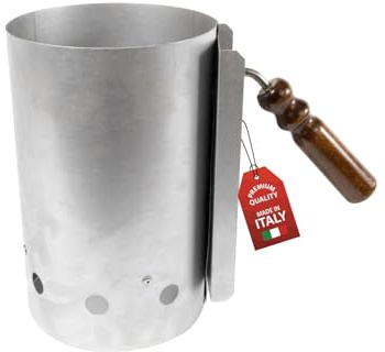 MOHOME Accendi Carbonella Barbecue Ciminiera Accenditore Made in Italy Manico Legno Impugnatura di Sicurezza Ergonomico Lamiera Zincata 27 x 18 Ø cm Accendifuoco Ideale per Griglie a Carbone Camino