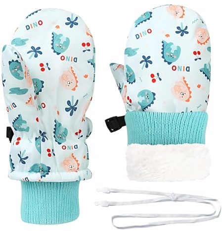 DIPZO Gants d'hiver imperméables pour garçons et filles, mitaines thermiques motif dinosaure pour tout-petits avec poignet ajustable, gants de ski coupe-vent doublés polaire pour extérieur, vert