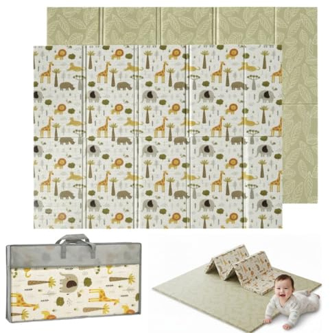 BATHBY | Alfombra de Bebé Impermeable Acolchada 1 cm Antideslizante Plegable 200x150 cm Reversible, Diseño Educativo Gatear y Jugar, Incluye Bolsa Portátil para Llevar y Guardar (Animales/Marrón)