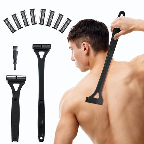 ETbyto Rasoi per la schiena da uomo con manico ergonomico lungo pieghevole: rasoio fai da te, lama di sicurezza sostituibile e rasoio portatile per uomini, rasatura a secco e bagnato, nero (8 lame