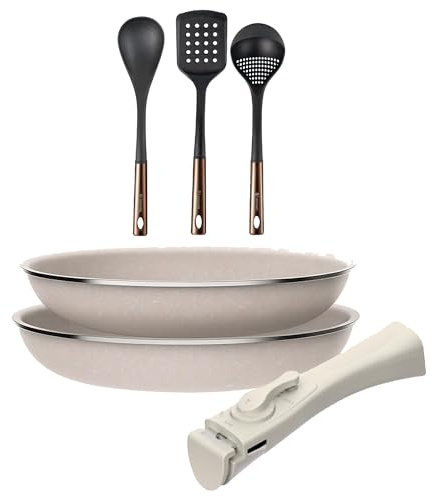 Juego de 2 sartenes San Ignacio Ø24Ø28cm aluminio prensado antiadherente con mango extraíble+ Set de 3 Utensilios de cocina de PBT negro y cobre