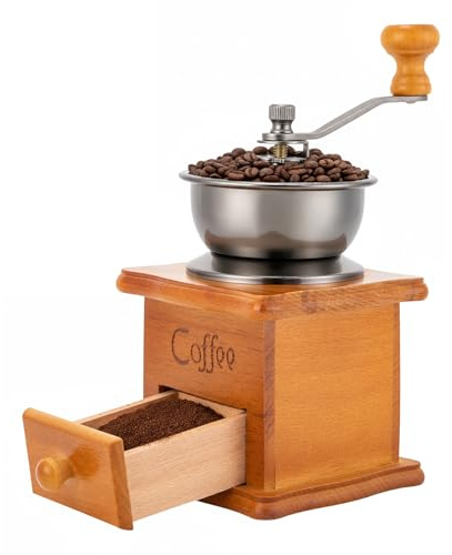 Molinillo de café manual de madera maciza y acero inoxidable, estilo vintage, con mecanismo de cerámica ajustable y cajón, compacto para café en polvo aromático y café expreso en casa