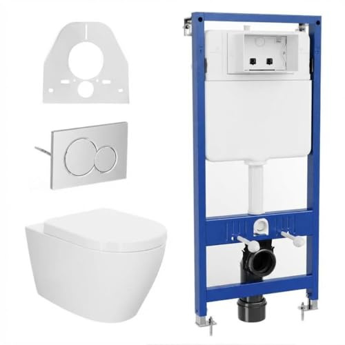 Garvee Vorwandelement WC-Set Komplett – Höhenverstellbares Hänge-WC mit D-Shape Sitz & Absenkautomatik, Unterputz-Spülkasten, Schallschutzmatte, Drückerplatte, leise & wassersparend, 500kg