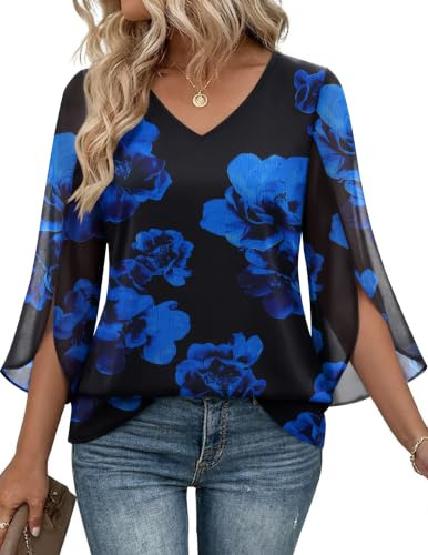 HOTOUCH Damblusar 3/4 ärm v-ringad chiffong toppar dubbla lager tunika, Blå blommor413, L