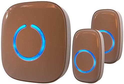 SadoTech Sonnette sans fil pour la maison – 2 sonneries à bouton-poussoir et 1 récepteur carillon, fonctionne avec piles, 300 m, sonnette de porte étanche sans fil avec flash LED, marron