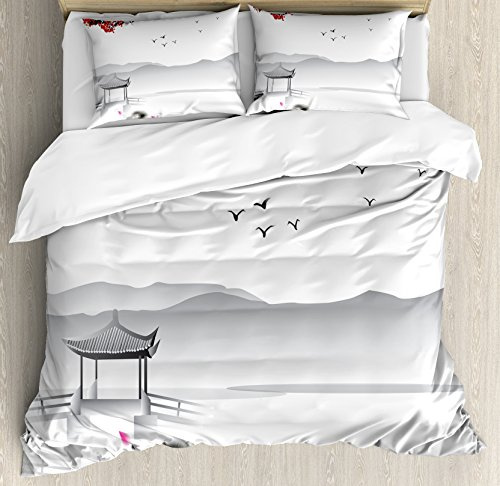 Ambesonne Asian Duvet Cover Set, Japanese Style Garden Bird and Small Pavilion Over The Lake Lotus Waterlily, Decorative 3 Piece Bedding Set with 2 Pillow Shams, King Size, Grey Pink