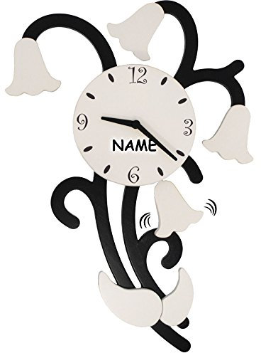 alles-meine.de GmbH XL 3-D Effekt__ Design Wanduhr - Uhr aus Holz - Blumenranke - Blüten - schwarz/weiß - incl. Name - 57 cm groß - sehr leise ! - Pendel abnehmbar - tra..