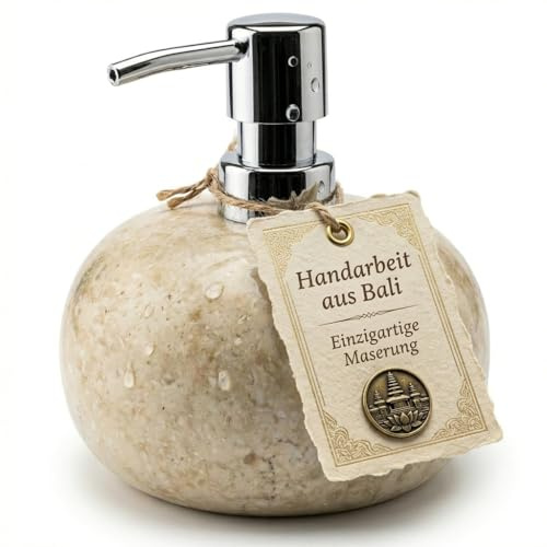 Wogeka Seifenspender Marmor, Spülmittelspender in Beige, 140 ml, Seife03 | Massiver Marmor, individuelle Maserung, für Flüssigseife und Spülmittel, 13 cm hoch, Ø 12 cm, ca. 1,2 kg, Bad, WC, Küche