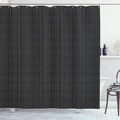 ABAKUHAUS Gessato Tenda da Doccia, Black And White Stripes, Tessuto Set di Decorazioni per Il Bagno con Ganci, per la Vasca da Bagno, 175 cm x 180 cm, Bianco e Nero