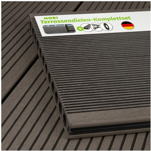 HORI WPC BPC Terrassendielen Komplettset XXL Hohlkammerprofil 25x250mm inkl. Unterkonstruktion pflegeleicht rutschfest Terrassenbrett Dielen Fläche 15 m², Dielenlänge: 350 cm Farbe Grau