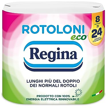 Regina Rouleaux Eco – 8 rouleaux de papier hygiénique – 500 feuilles à 2 voiles, longs plus que deux rouleaux normaux, emballage en papier recyclable, papier 100% certifié FSC