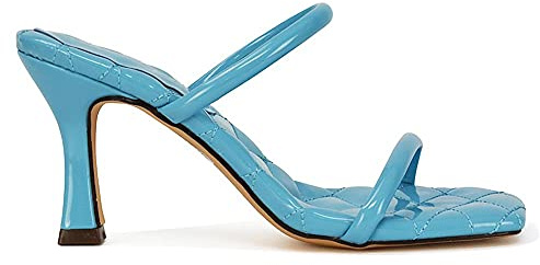 ESSEX GLAM Womens Mid High Heel Sandals Ladies Quilted Patent Slip On Square Toe Stiletto Party Shoes Size 3-8