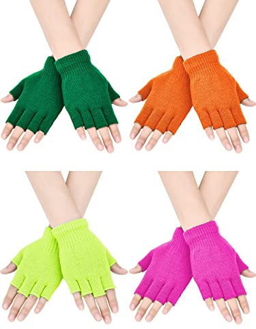Bememo 4 Pairs Fingerless Gloves Half Finger Mittens Winter Solid Color Typing Knitted Gloves for Boys and Girls(Orange Red, Skin Red, Emerald Green, Fluorescent Green)
