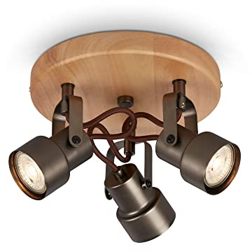 Briloner - Lampada da soffitto a LED retrò con legno, lampada da soffitto a 3 luci vintage, temperatura di colore bianco caldo, spot LED regolabile, spot rustico da soffitto, grigio-legno