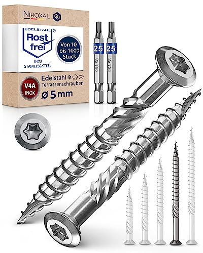 Terrassenschrauben 5x70 Edelstahl A4 Linsenkopfschrauben Torx Schrauben 5mm stark 500 Stück Holzschrauben Torx 70mm lang Edelstahlschrauben Holz inkl. 2x Torx Bits
