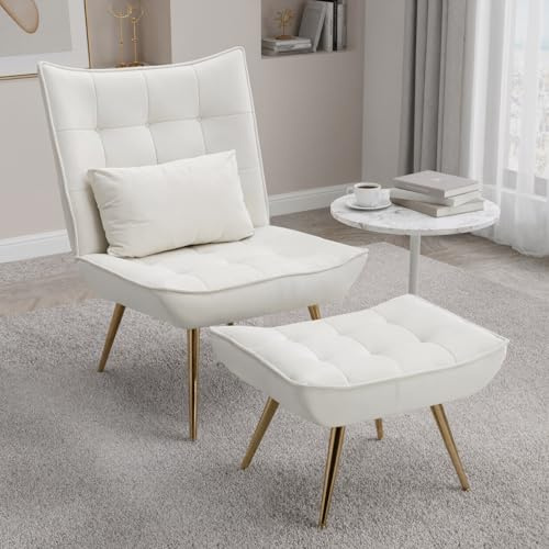 chairus Poltrona Relax con Poggiapiedi in Velluto Poltrona Lettura con Cuscino Lombare Sedia Imbottita con Gambe in Metallo Poltroncina Comoda per Soggiorno/Camera da Letto, Beige