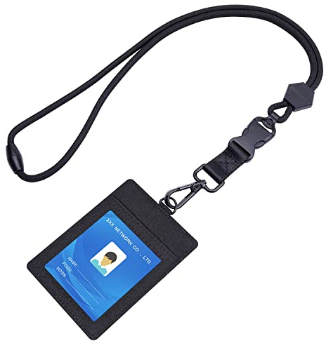 Wisdompro 2-sidig ID-bricka, 58,4 cm kraftig nackrem med 1 genomskinligt ID-fönster och 2 kreditkortsfack PVC ID-korthållare, säkerhetsbrytning avtagbart spänne – vertikal svart
