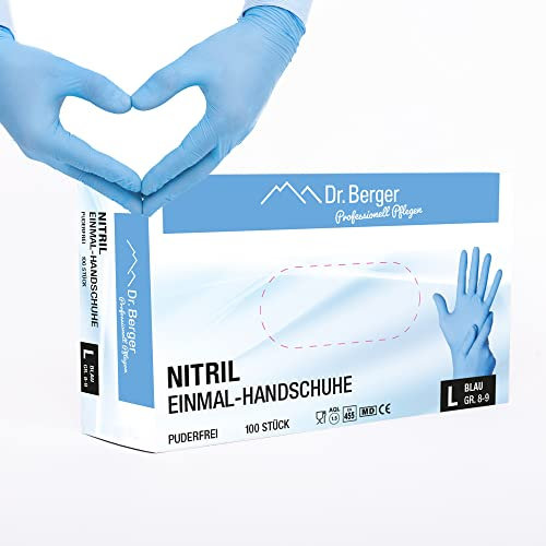 Dr. Berger – 100 guantes médicos desechables de nitrilo – sin látex y polvo para una perfecta compatibilidad con la piel – Se puede utilizar en la industria química, alimentaria y de limpieza