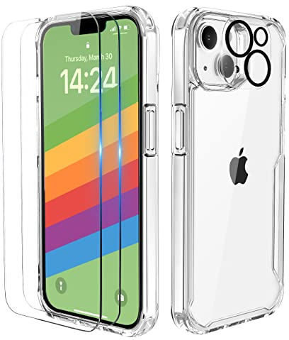 ORETECH für iPhone 14 Hülle mit 2 Schutzfolie, Durchsichtig | Kameraschutz, Militärschutz Stoßfeste Kratzfeste Transparent Rückseite Handyhülle für iPhone 14