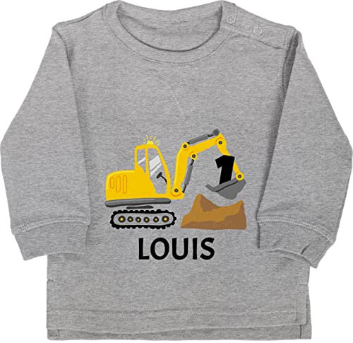 Baby Pullover Jungen Mädchen - 1. Geburtstag - Bagger mit Name zum Ersten - 12/18 Monate - Grau meliert - Gifts for 1-Year-Old 1 Junge Babykleidung eins Pullover. 1.Geburtstag Sweatshirt Year