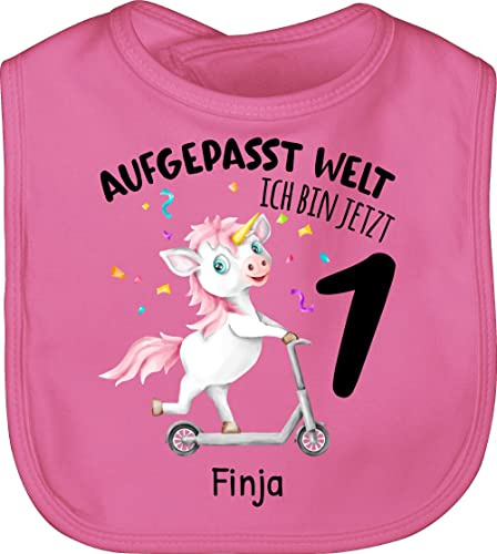 Geschenk mit Namen personalisiert by Shirtracer - Baby Lätzchen - 1. - Aufgepasst Welt Ich bin jetzt 1 Einhorn Geburtstag I Ich bin 1 Geschenk 1 Jahr I Erster Geburtstag Geschenkideen mit Name
