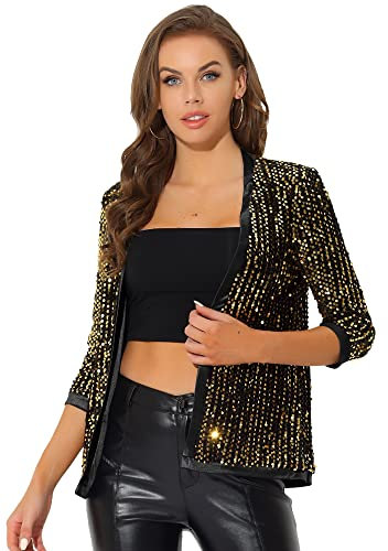 Allegra K Damen Pailettenjacke Glitzer Elegant Blazer Langarm Pailletten Party Club Offen Jacke Jacken Gold S