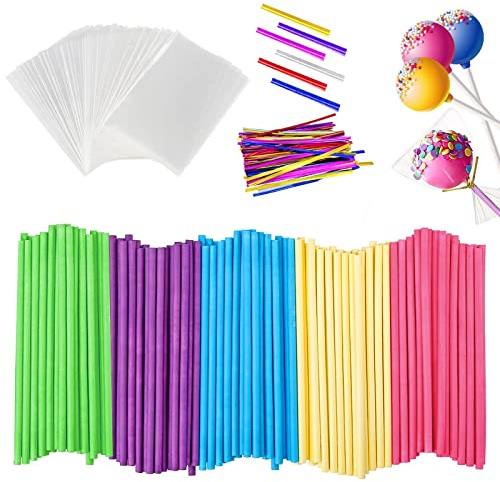 SVUPUE 300 Cake Pop Sticks，Candy Bags, Lollipop Sticks, Twist, Clear Candy Bags for Lollipop Candy Cookies Pastry Cake